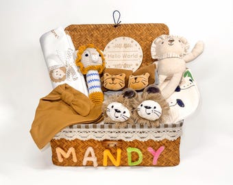 Custom Name Babyshower Gift with Bunny Rabbit, New Baby Gift Set with: Basket & Sock, Bibs, Baby Gift Basket, Birth Stats Ornamen