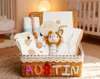 New Baby Gift Set, New Parents Gift Box: Personalized Baby Name Basket & Pacifier Clip, Baby Gift Basket, Baby Shower, Birth Stats Ornamen