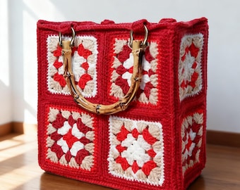 Crochet handbag with Red flower parttern, Knit Hand Bag, Bridal Shower Bag, Bachelorette Party Favors, crochet Gift for Women