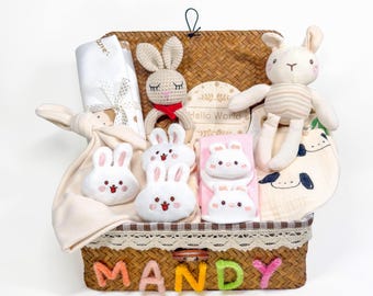 Custom Name Babyshower Gift with Bunny Rabbit, New Baby Gift Set with: Basket & Sock, Bibs, Baby Gift Basket, Birth Stats Ornamen