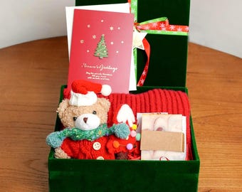 Winter Warm Gift Box: Santa Bear, Reindeer, Knit Scarf & Fragrance Soap - Thoughful Gift Box - Christmas Selection Box