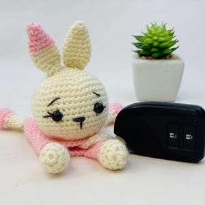 May include: A handmade crochet bunny in cream and pink, with black safety eyes and a small black nose. A black car key fob and a small potted succulent are also in the image.