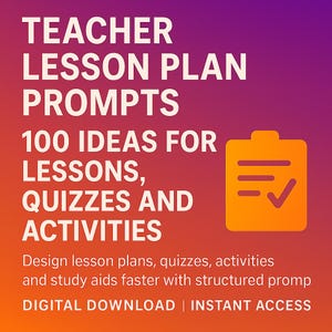 Könnte beinhalten: Grafik zum digitalen Download mit einem Farbverlauf aus Rot, Orange und Lila. Der Text lautet "TEACHER LESSON PLAN PROMPTS" und "100 IDEAS FOR LESSONS, QUIZZES AND ACTIVITIES". Rechts befindet sich ein orangefarbenes Zwischenablage-Symbol mit einem Häkchen.