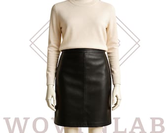 Saia lápis de cintura alta em couro de ovelha - Estilo minimalista feito à mão