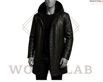 Men's Black Genuine Leather Hooded Long Coat with Fur Lining | Winter Warm Outerwear