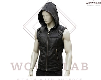 Men's Black Hooded Leather Vest - Stylish Zippered Sleeveless Jacket with Military Details