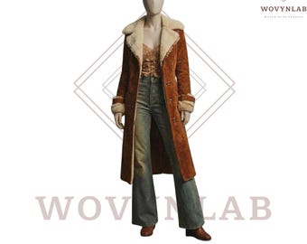 Handmade Vintage Shearling Suede Long Coat for Women - 70s Retro Brown Winter Trench Jacket