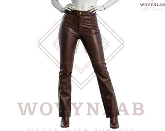 Calça feminina vintage de cintura alta em couro marrom escuro - Calça de couro legítimo com modelagem slim.