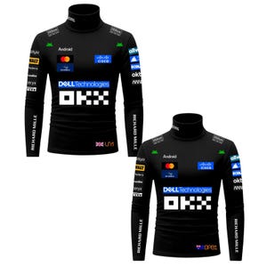 May include: Two black long-sleeve turtleneck shirts featuring various sponsor logos including Dell Technologies, OKX, Android, Hilton, Cisco, and Richard Mille. The shirts display different national flags and codes, specifically the UK with LM1 and Australia with OP81.