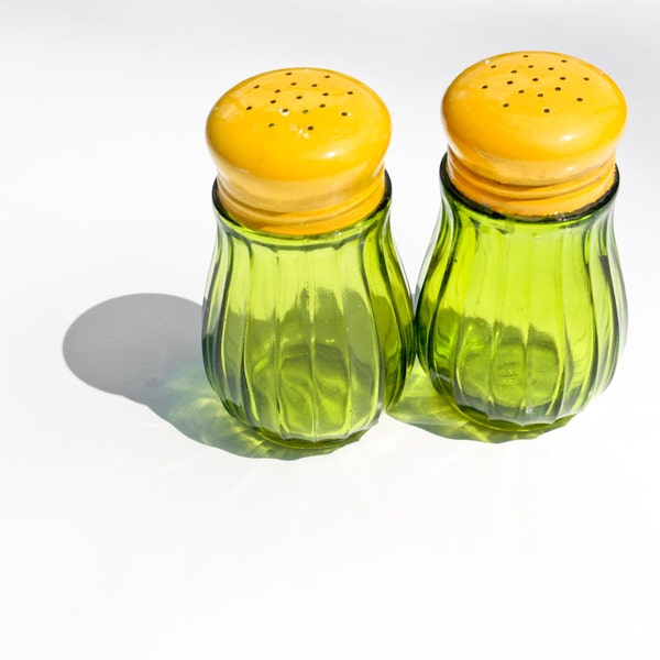 on reserve until MAY 20 - retro metal and glass : green and yellow .. salt and pepper