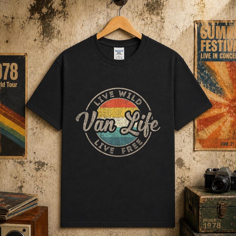May include: Black t-shirt with a retro design featuring the words "Van Life" in a circular emblem. The emblem includes the phrases "Live Wild" and "Live Free" with a colorful sunset design. The shirt is hanging on a wooden hanger.