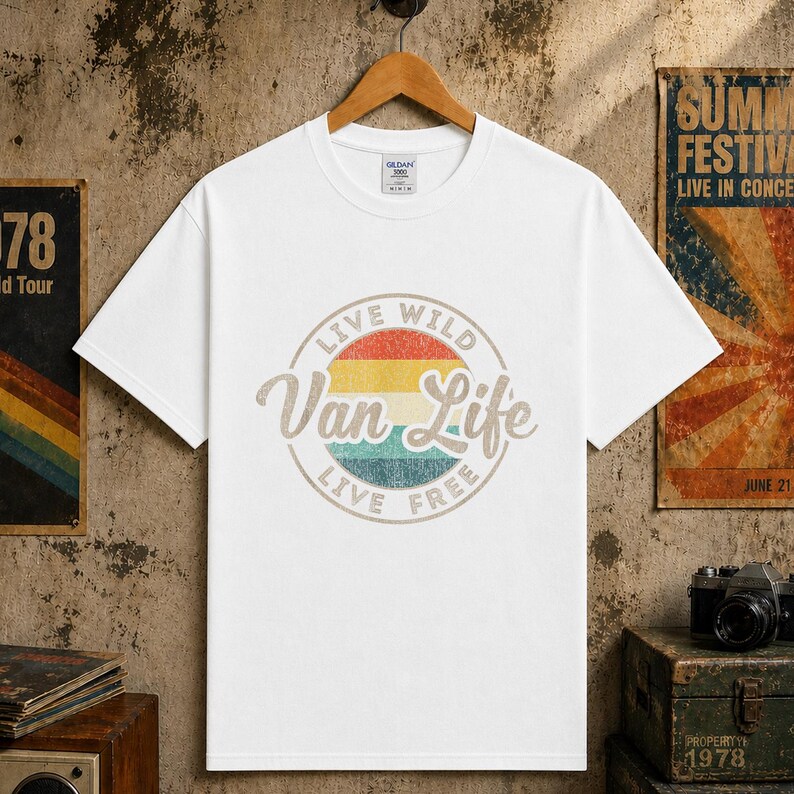 May include: White t-shirt with a circular graphic featuring the text "Live Wild Van Life Live Free" in a retro design. The graphic includes a rainbow color scheme. The shirt is hanging on a wooden hanger.