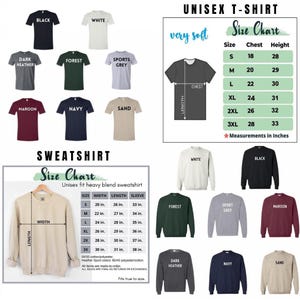 Op de afbeelding: Afbeelding van unisex T-shirts en sweatshirts in diverse kleuren, waaronder zwart, wit en marineblauw. Maattabellen in inches zijn inbegrepen, met details over borst, hoogte, breedte, lengte en mouwmaten voor elke maat.