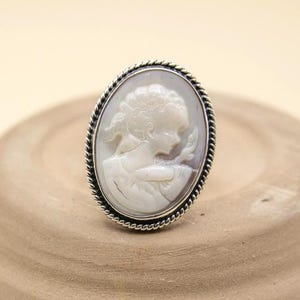 Statement Shell Cameo Sterling Silver Ring | Handmade Taxco Mexico Jewelry | Adjustable Vintage Style Ring | Mother of Pearl Cameo Ring