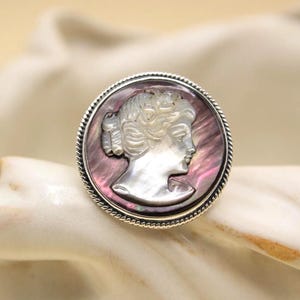 Statement Shell Cameo Sterling Silver Ring | Sterling Silver Adjustable Ring | Handmade in Taxco | Mother of Pearl Vintage Style Jewelry