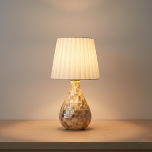 Mosaic Shell Table Lamp – Teardrop Base, Pleated Ivory Shade