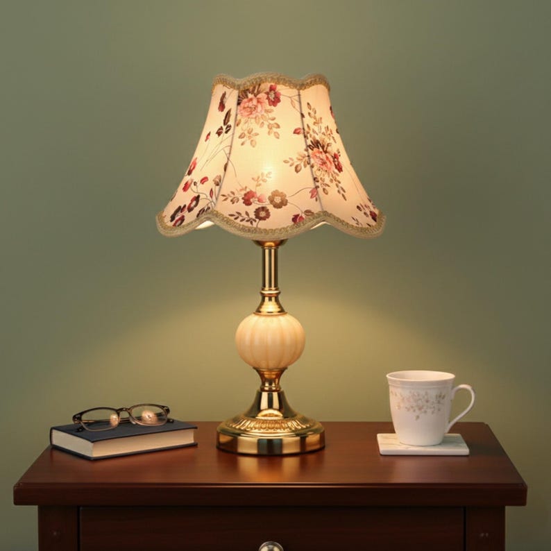 Lámpara de mesa vintage floral con pantalla de tela y base dorada, lámpara decorativa clásica para mesita de noche y sala de estar, 42 cm