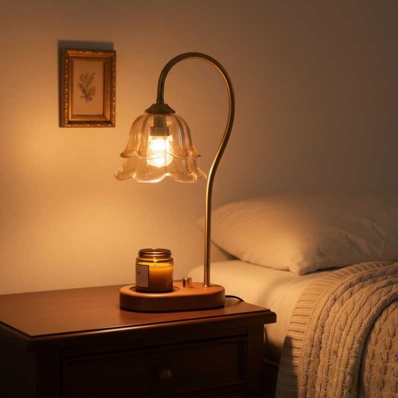 Lámpara vintage de latón con forma de flor, pantalla de cristal ámbar y calentador de velas.