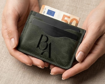 Slim Leather Card Holder Wallet, Personalized Crazy Horse Leather Card Case, Custom Engraved Minimalist Wallet Gift for Men Women