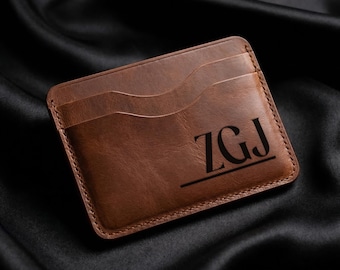 Custom Engraved Leather Card Holder Wallet, Crazy Horse Slim Card Case, Personalized Minimalist Wallet Gift for Men Women