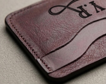 Engraved Leather Card Holder Wallet, Slim Crazy Horse Card Case, Personalized Minimalist Wallet, Custom Gift for Men Women