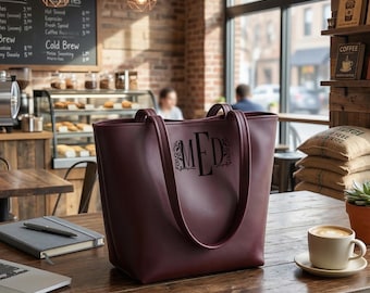 Custom Vegan Leather Tote Bag Minimalist Waterproof Monogram Handbag Large Capacity Personalized Work Travel Everyday Shoulder Tote