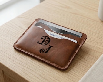 Premium Leather Card Holder Wallet, Crazy Horse Leather, Personalized Laser Engraved Slim Wallet, Minimalist Card Case
