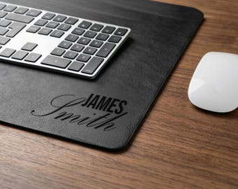 Custom Engraved Leather Desk Mat, Personalized Desk Pad with Name, Large Mouse Pad, Vegan Leather Desk Protector, Minimal Office Setup Gift
