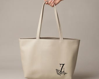 Personalized Tote Bag, Vegan Leather Shoulder Bag, Custom Name Initial Bag, Minimal Everyday Tote, Gift for Her, Work Bag