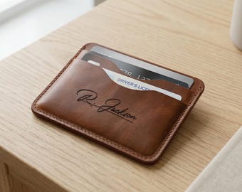 Personalized Leather Card Holder, Crazy Horse Leather Wallet, Slim Minimalist Card Case, Custom Engraved Gift for Men Women