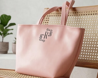 Personalized Vegan Leather Tote Bag Waterproof Minimalist Monogram Work Handbag Large Capacity Custom Travel Everyday Tote