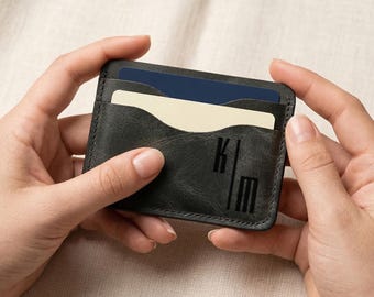 Minimalist Leather Card Holder Wallet, Personalized Crazy Horse Card Case, Custom Engraved Slim Wallet Gift for Men Women