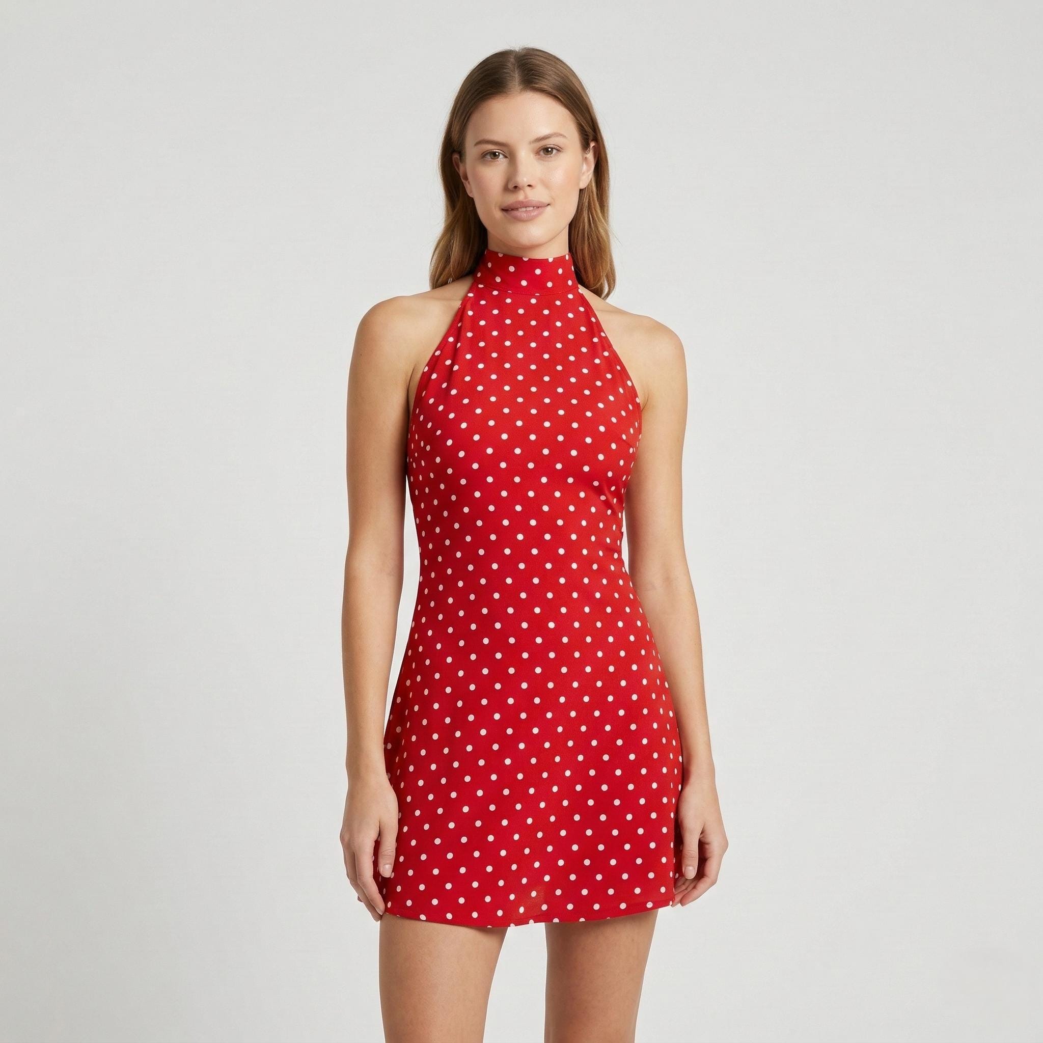 open lace back dress Amalia Red Polka Dot Halterneck Dress