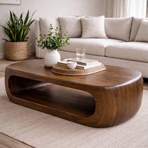 Puede incluir: Mesa de centro de madera maciza marrón oscuro, de forma ovalada con un espacio abierto central. Un jarrón con vegetación, libros y un cuenco pequeño están encima. La mesa mide unos 122 cm de largo. Un mueble elegante.