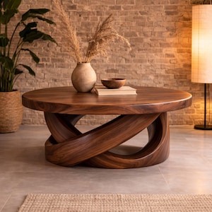 May include: A round, dark brown wooden coffee table with a unique, intertwined base. The table is topped with a vase, a small wooden bowl, and a stack of books. The table's design adds a modern touch to any living space.
