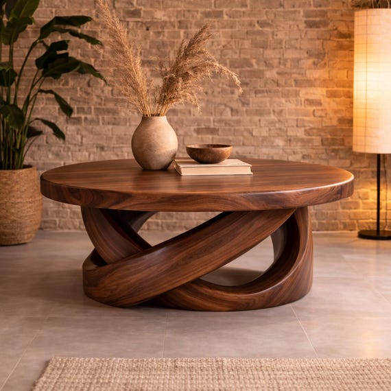 Round Sculptural Solid Wood Coffee Table, Handmade Twisted Base Living Room Table, Organic Modern Statement Piece