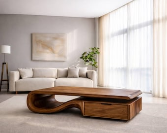 Mesa de centro orgánica de madera maciza con cajón de almacenamiento – Mesa de centro moderna de madera curvada / Mesa auxiliar para sofá de sala de estar