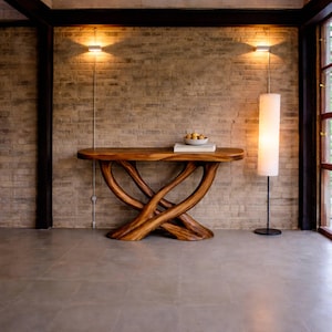 Consoletafel met organische wortel, massief houten haltafel, handgemaakte sculpturale houten banktafel, natuurlijk rustiek gangconsolemeubilair
