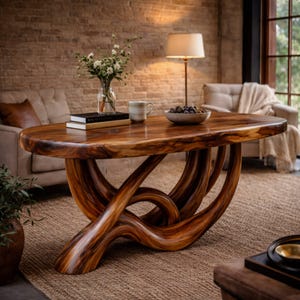 Op de afbeelding: Ovale houten salontafel met een unieke, verweven basis. De tafel heeft een diepe bruine kleur en een natuurlijke rand. De tafel is ongeveer 152 cm lang en 76 cm breed. De tafel staat in een woonkamer.