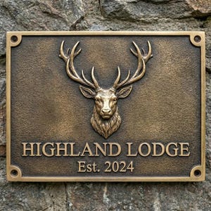 Op de afbeelding: Een rechthoekig bronzen metalen bord met een reliëf van een hertenkop. De tekst "HIGHLAND LODGE Est. 2024" staat eronder. Het bord is bevestigd aan een stenen muur.