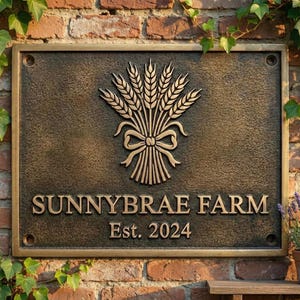 Op de afbeelding: Een bronzen metalen bord met de woorden "SUNNYBRAE FARM" en "Est. 2024" in een schreeflettertype. Het bord heeft een tarwe-embleem. Het bord is gemonteerd op een bakstenen muur met klimop.