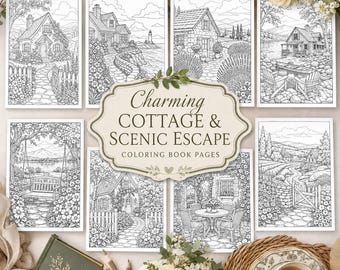 Livre de coloriage « Charmant chalet et escapade pittoresque » : Pages à imprimer représentant des paysages champêtres chaleureux, téléchargement instantané