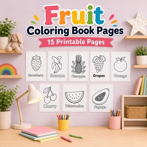 K&ouml;nnte beinhalten: Ein Set aus 15 ausdruckbaren Obst-Malbuchseiten mit schwarz-wei&szlig;en Strichzeichnungen von Erdbeere, Banane, Ananas, Weintrauben, Orange, Kirsche, Wassermelone und Papaya. Der Text lautet Fruit Coloring Book Pages 15 Printable Pages.