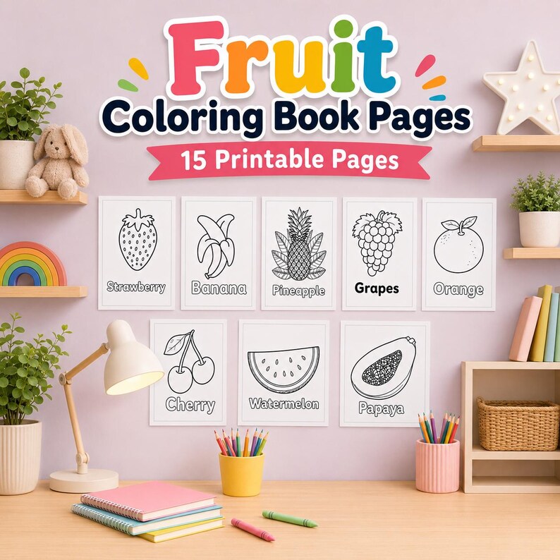 K&ouml;nnte beinhalten: Ein Set aus 15 ausdruckbaren Obst-Malbuchseiten mit schwarz-wei&szlig;en Strichzeichnungen von Erdbeere, Banane, Ananas, Weintrauben, Orange, Kirsche, Wassermelone und Papaya. Der Text lautet Fruit Coloring Book Pages 15 Printable Pages.