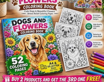 Livre de coloriage Chiens et Fleurs, Coloriages d'animaux et de fleurs, Téléchargement numérique