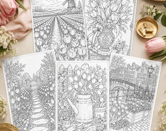 Livre de coloriage de tulipes : paysage de canal et de moulin à vent hollandais, pages à colorier pour adultes à imprimer, téléchargement instantané