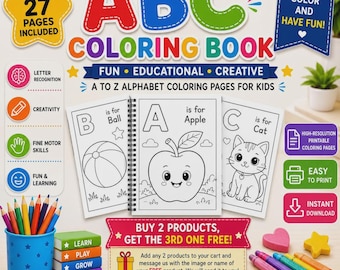 Livre de coloriage ABC pour enfants, 27 pages de l'alphabet, activité d'apprentissage préscolaire, téléchargement instantané