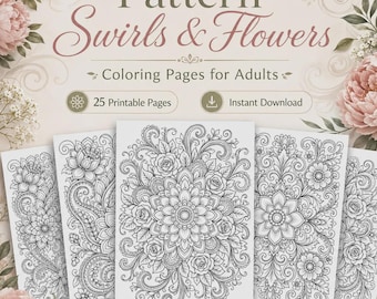 Könnte beinhalten: Eine digitale Sammlung von 25 ausdruckbaren Malvorlagen mit dem Titel Pattern Swirls & Flowers. Die Seiten zeigen komplizierte schwarz-weiße Strichzeichnungen von Blumenmotiven, Mandalas und Wirbelmustern, umrahmt von zarten rosa Blumenillustrationen.