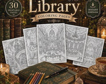 Pages de coloriage de la bibliothèque enchantée : livre de coloriage imprimable pour adultes, feuilles numériques en niveaux de gris d’architecture gothique
