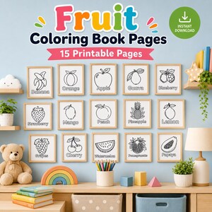 K&ouml;nnte beinhalten: Eine digitale Sammlung von 15 ausdruckbaren Obst-Malbuchseiten mit Strichzeichnungen von Banane, Orange, Apfel, Guave, Blaubeere, Erdbeere, Mango, Pfirsich, Ananas, Zitrone, Weintrauben, Kirsche, Wassermelone, Granatapfel und Papaya.